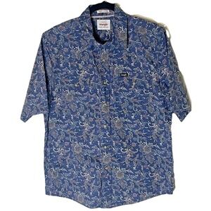 Wrangler Pearl Snap Blue Paisley Print Short Sleeve Western Shirt Men's Size Med